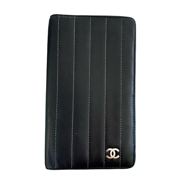 Authentic CHANEL Black Smooth Pin Stripe Quilted Leather Long Wallet with Box - Picture 4 of 16